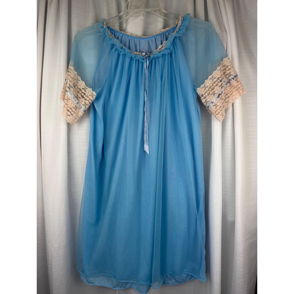 VTG 70's Blue Babydoll Nightgown Lace Trim Sheer Chiffon Sleepwear Large  READ